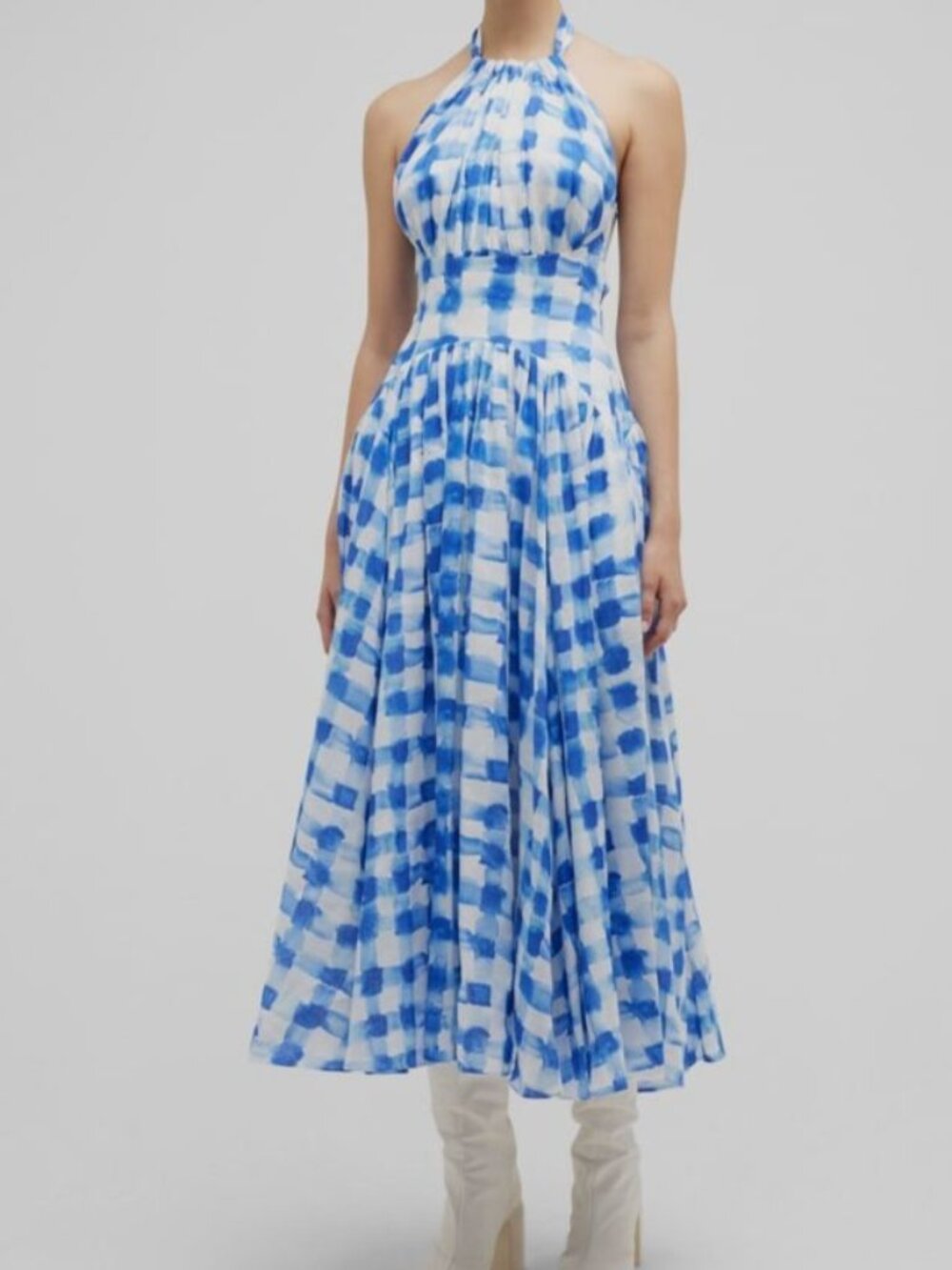 Rosie Assoulin Women's Blue Check-Print Halter Midi Dress